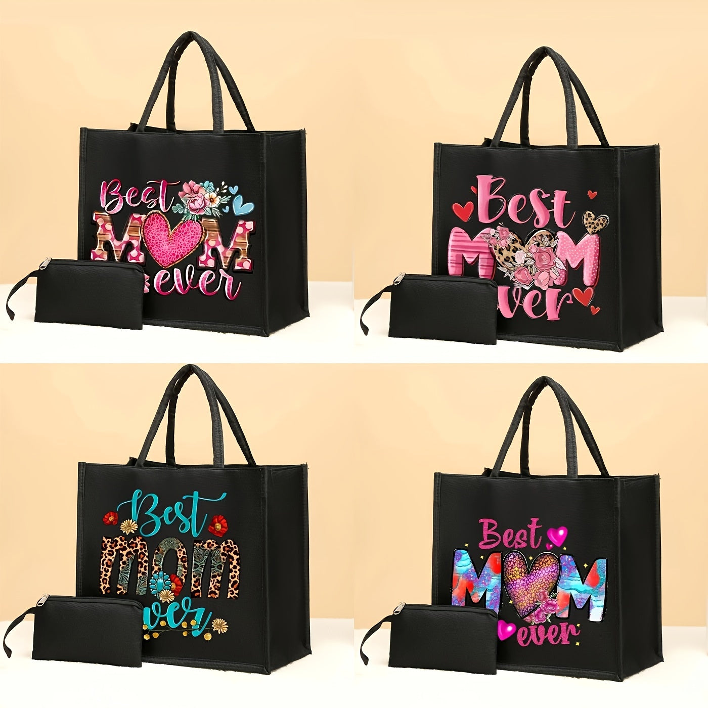 2pcs Elegant Polyester Tote Bags And Purse, "Best Mom Ever" Print Bag - Large Capacity, Fashionable Design - For Women - Perfect for Travel, Shopping & Everyday Use - Ideal Gift for Mother's Day